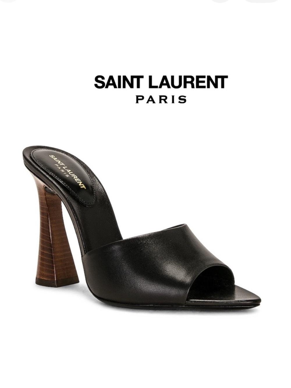 Saint Laurent Black Leather Open-Toe Mule with Sculpted Brown Heel